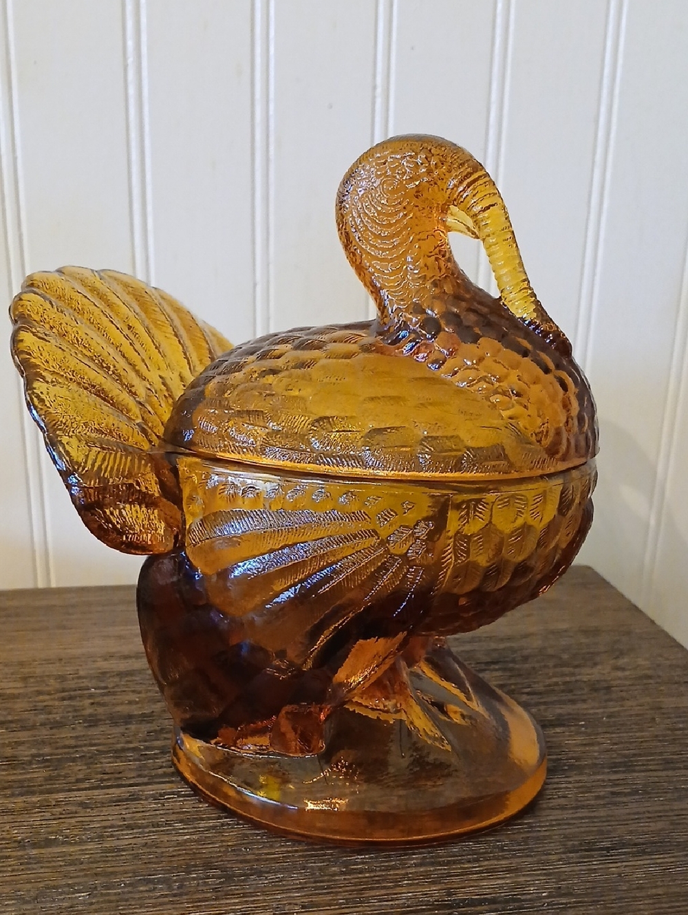 Vintage Amber Glass Turkey LE Smith Candy Lidded Dish MCM Thanksgiving